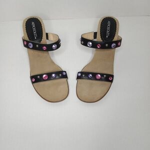 Aerosoles Sandals Women's 7 Black Leather 3.5" Inch Heel Decorated Slip-On